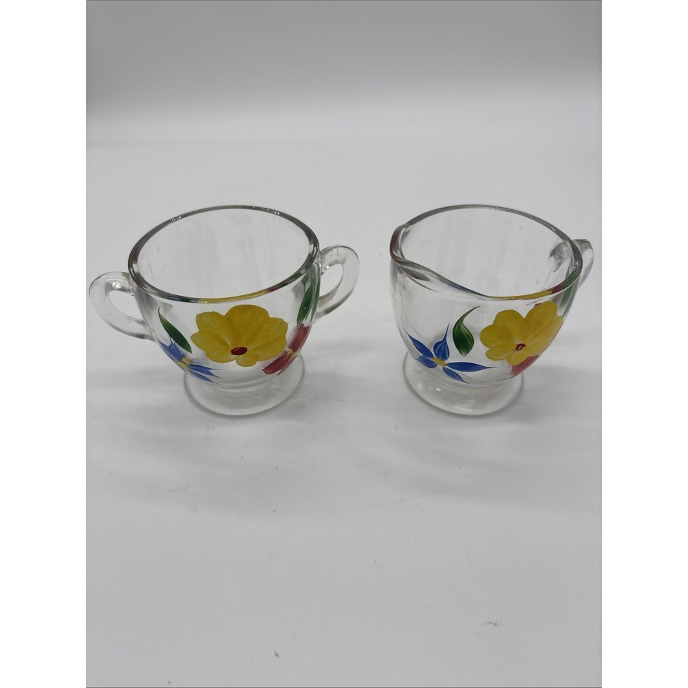 Vintage Bartlett Collins Hand Painted Clear Glass Cream And Sugar Bowl